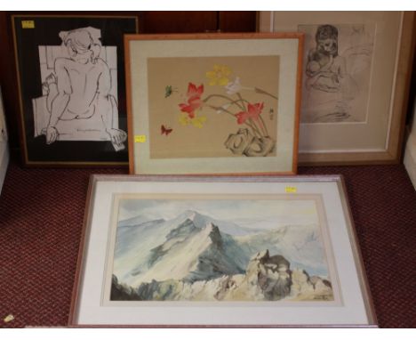 B.G. Healey, Mountainous landscape, signed, watercolour on paper, 37cm x 54cm, together with a Chinese silk floral picture, a