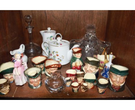 SECTION 43.  Sixteen various Doulton character jugs, decanter, Doulton figure, a Worcester teapot and hot water jug.