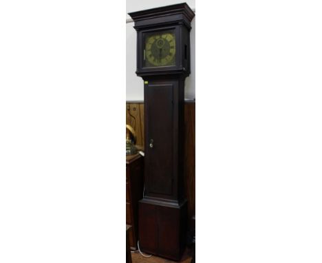 An 18th century longcase clock, with eight-day movement striking a bell, 12-inch square brass dial with applied brass chapter