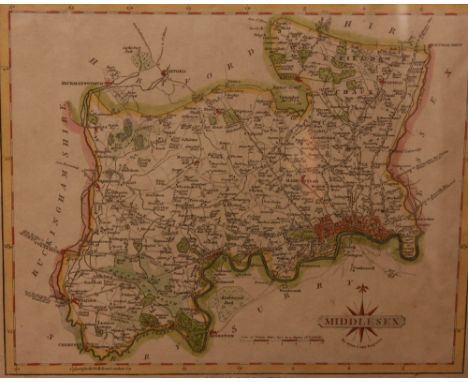 Four hand-coloured 19th century engraved maps, Bishops Gate Ward, 18x25cm, The Environs of London, 17x22cm, Middlesex by John