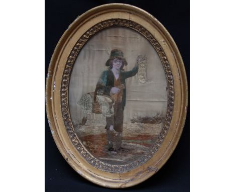 An early 19th Century oval silkwork portrait of a child newspaper vendor in oval gilt frame, 30 x 20cm.