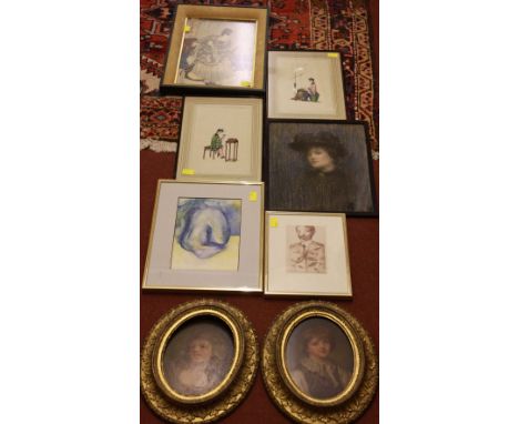 Two French oval portrait prints of a boy and girl, a Japanese print of A Samurai, two Chinese watercolours on silk and two ot