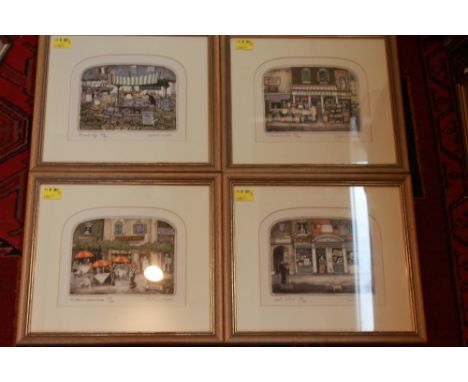 Graham Clarke (British born 1941), Four pictures of Italian vendors, "Molto Economico," "Carte Antico," "Trattoria Romantica,