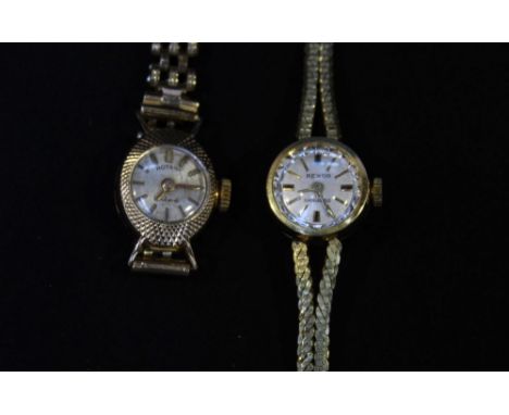 A lady's 14k Rexor wristwatch with 14k strap, together with a Rotary wristwatch with rolled gold case and strap, (2).