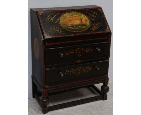 An early 20th century bureau, with sloped front above a pair of drawers raised on bulbous supports, later painted black and w