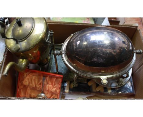 A silver-plated bane Marie of oval form with swiveling cover, raised on beaded cabriole supports, together with a brass kettl