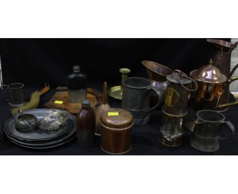 A quantity of silver-plate, copper and metalware including a No.148 miner's lamp.  
