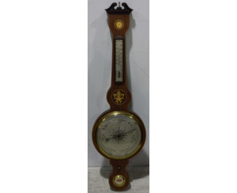A 20th Century reproduction inlaid rosewood mercury wheel barometer and thermometer with silvered dial, 102cm.