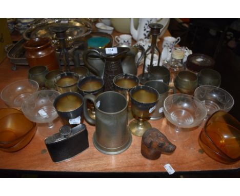 A selection of metal and glassware including tankards, copper jug, candlesticks and hip flask etc