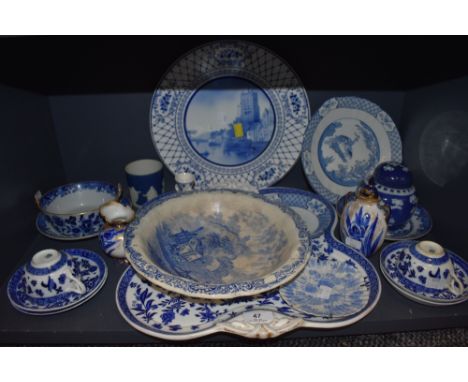 A variety of vintage and antique blue and white ceramics, including Spode dish, small Royal Douton vase and urn, Coalport cup