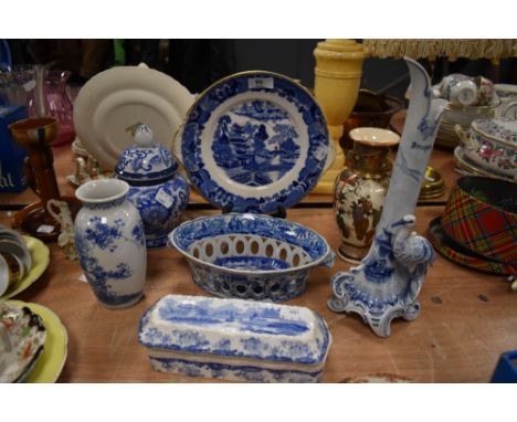 A variety of blue and white ware including Delft vase with stork or similar decoration, Spode and Japanese Satsuma vase with 