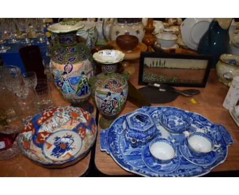 Two oriental vases having character marks to bases and a bowl having transfer and hand painted design, and a Copeland Spode I