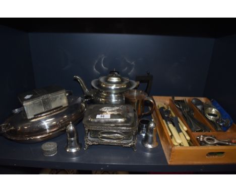 A collection of plated ware and similar and cutlery in butlers caddy, included are tea pot, embossed jewellery box, serving d