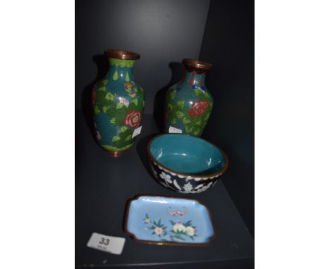 A small lot of decorative oriental painted metal items, comprising of two copper vases a bowl and trinket dish.