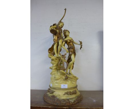 A French painted figural table lamp, after Moreau 