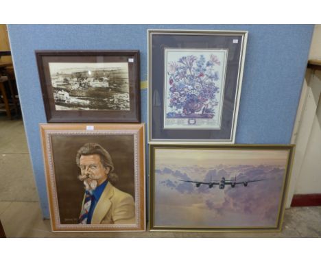 A Coulson print of a Lancaster Bomber, a portrait of a man, oil on canvas and two other prints 