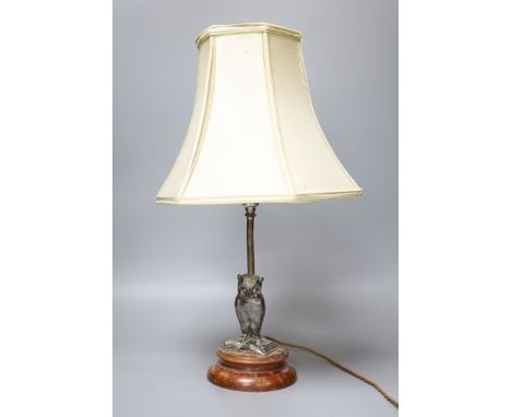 An early 20th century silver plated 'owl' table lamp and shade, overall height 50cm