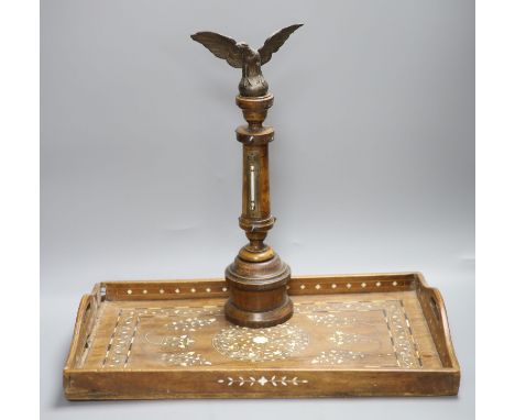 A Victorian eagle surmounted wooden columned table thermometer and an ornate inlaid tray, length 46.5cm