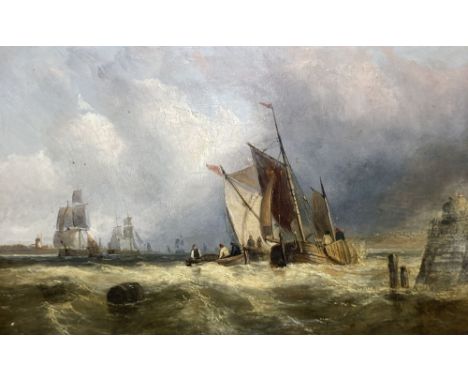 19th century English School, oil on panel, Shipping off the coast, 24 x 38cm
