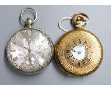 An engine turned gold plated half hunter keyless pocket watch and a 19th century silver pocket watch, by Henry Weston, case d