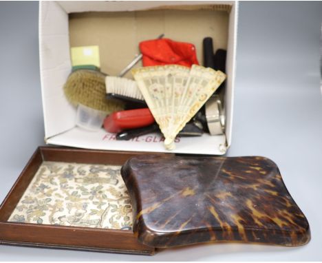 A quantity of mixed collectables including a tortoiseshell tray, a Chinese needlework, a silver paperknife, fans, jewellery b