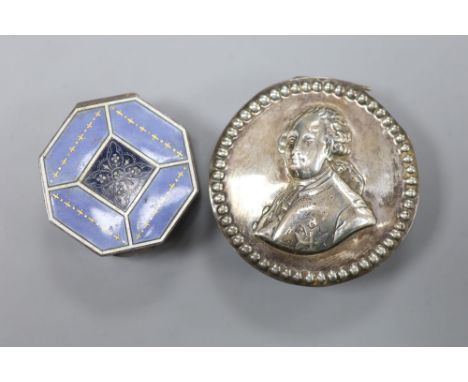 A late 19th century Hanau silver circular snuff box, import marks for London, 1899, 71mm and a later silver and enamel hexago