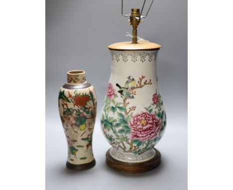 A Chinese crackleglaze vase and a famille rose lamp, height 36cm