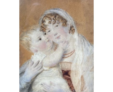 19th century English School, oil on ivory, Miniature portrait of a mother and child, 8.5 x 6.5cm, housed in an ornate gilt ge