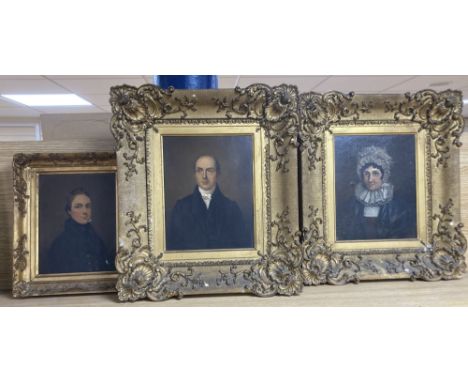 Early 19th century English School, pair of oils on mill board, Portraits of Walter and Sarah Parsons, he 1773-1848, she 1771-