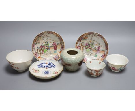 A pair of Chinese famille rose saucers, another saucer, three various tea bowls and a crackleglaze vase (7)
