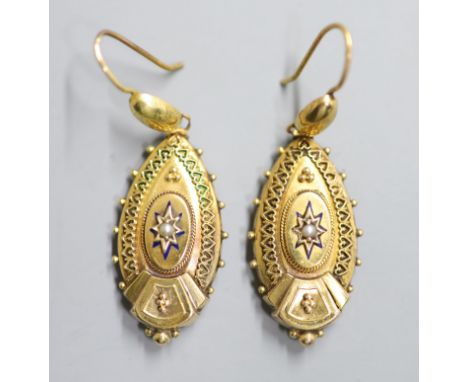 A pair of Victorian yellow metal, enamel and split pearl set ovoid earrings, 42mm, gross 5.5 grams.CONDITION: Loss/damage to 