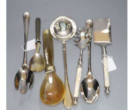 An 800 standard silver ladle and various serving items, including a pair of modern plated salad servers, a pair of Sheffield 