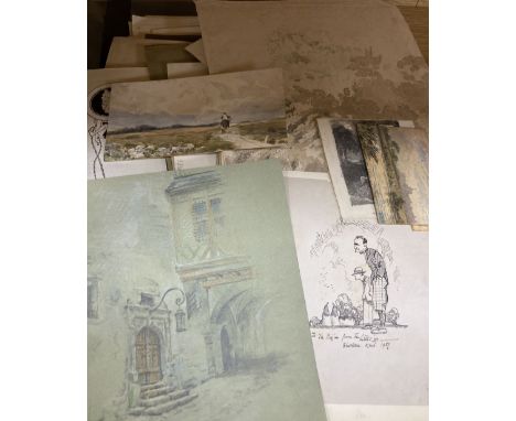 A folio of 19th century and later watercolours and drawings including landscape studies, a sketch of figures attributed to Th