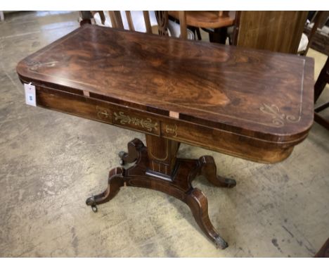 A Regency brass inlaid rosewood folding card table, width 91cm, depth 45cm, height 74cm