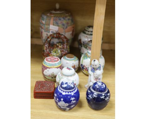 A Chinese vase, six Chinese jars and covers, a box as a basket, a jar and figure, tallest 30cm (11)