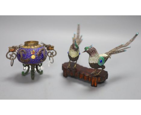 A Chinese white metal and enamel tripod censer (lacking cover), and two model pheasants