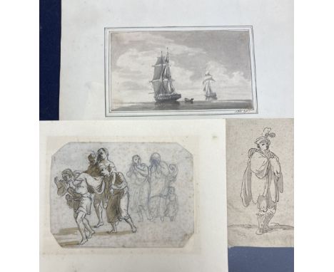 Two 18th century Old Master ink and wash drawings and a 19th century study of shipping on a calm sea, 13 x 8cm, 11 x 15cm and