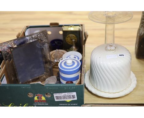 A collection of ceramic and glass etc including a silver glass frame, a stilton cover and stand etc
