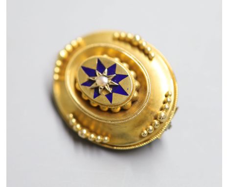 A Victorian yellow metal ,enamel and split pearl set oval mourning brooch, 32mm, gross 8.1 grams.CONDITION: Some damage/loss 