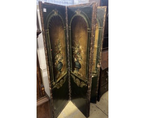 A 19th century Spanish leather four leaf draught screen, painted with vases of flowers, each panel width 53cm height 184cm