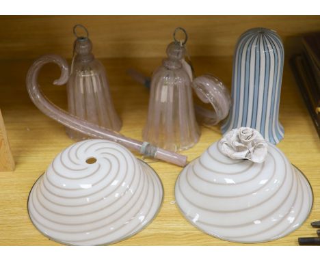 A collection of Italian glass lighting, comprising a near pair of brown and white striped circular ceiling lights with flower