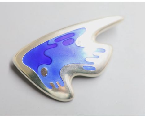A Henning Koppel for Georg Jensen 925 and two colour blue enamel stylised fish brooch, design no. 307, 61mm, gross 30 grams.C