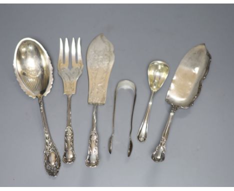A sterling silver serving slice and a small collection of 800 standard white metal flatware, comprising a pair of engraved fi