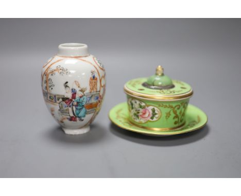 A Sampson Hancock Derby inkwell and a Chinese famille rose vase, Qianlong, height 10.5cm