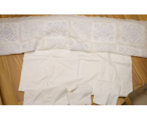 A patch worked filet lace and anglais cut work table cloth and six matching napkins, and another cloth