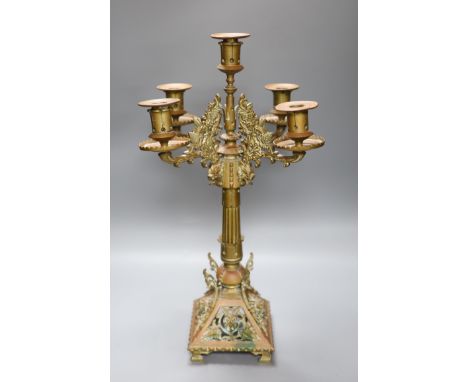 A late 19th century five light gilt bronze candelabrum, in the manner of Dresser, height 57cm