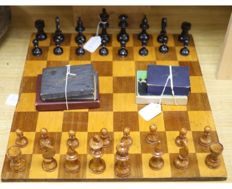 A Staunton style boxwood chess set, a chess board and miscellaneous card games