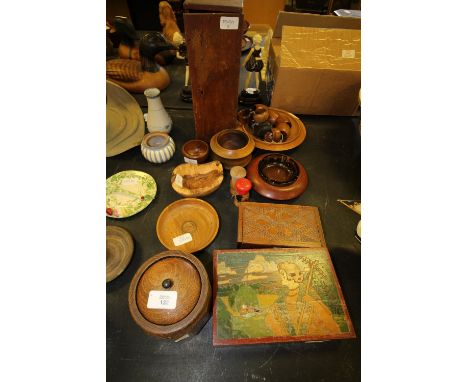 Collection of treen including tea caddy &amp; mahogany bowl