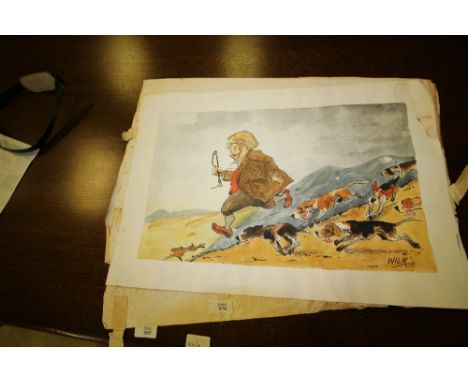 Wilk, (William (Bill) Wilkinson) pen &amp; watercolour caricature - Mr Ivor Curry &amp; Pack and unfinished Wilk caricature o