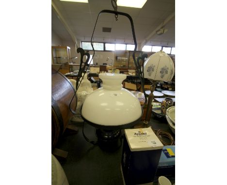Hanging oil lamp with milk glass shade